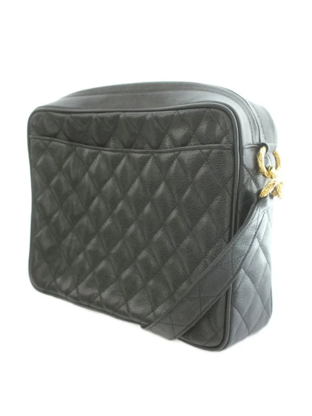 Chanel Quilted Caviar Leather Shoulder Bag CC Logo Tassel Number 2 Black Gold